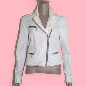 White Zippered‎ Moto Jacket Women’s Biker Coat Lightweight Casual Fall Size 6